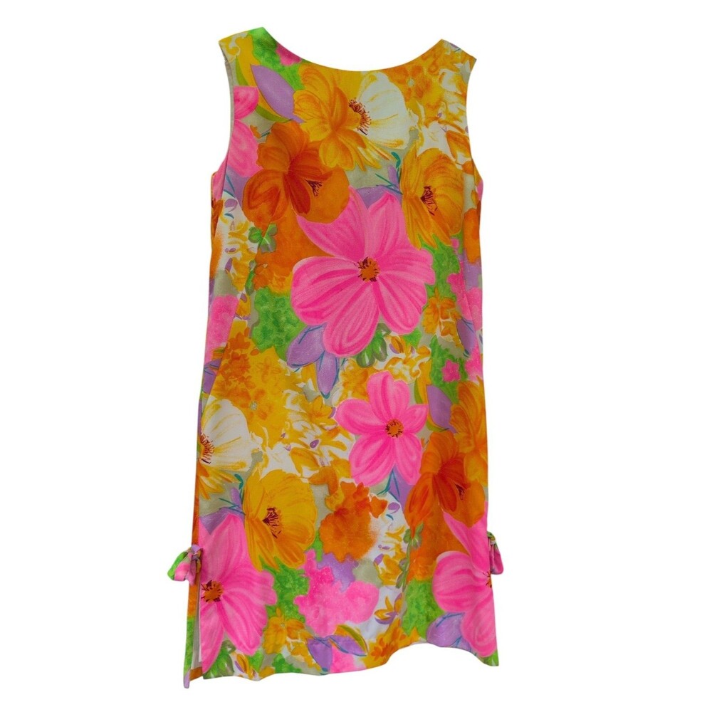 Vintage Casual Aire Hawaiian Floral Shift Dress Pink Orange 60s Mod Side Tie S